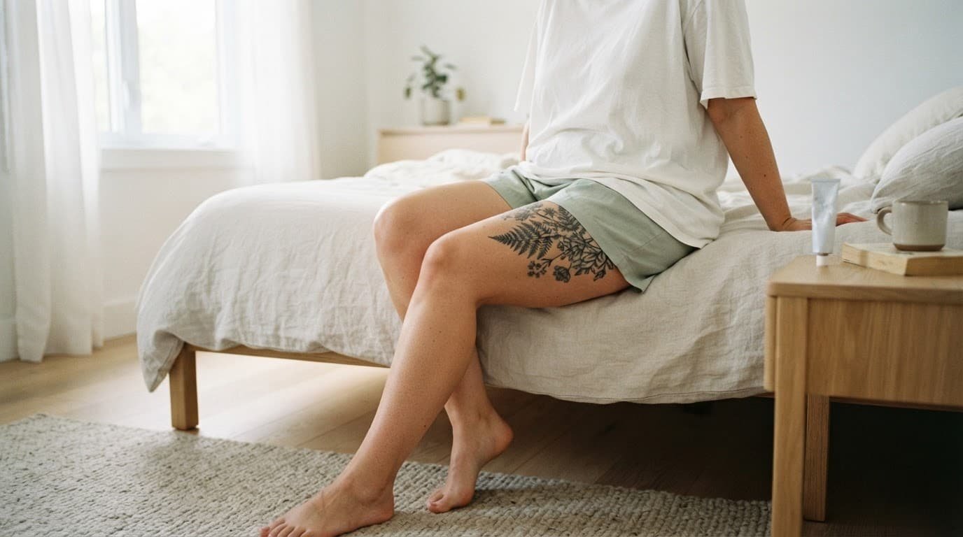 Woman in loose shorts with a healing thigh tattoo beside an aftercare tube.