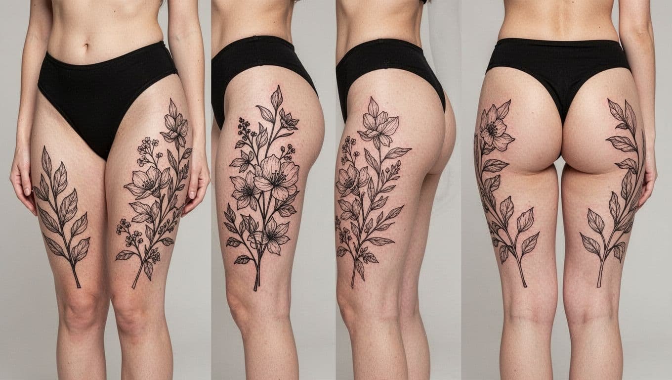 Separated thigh views show botanical tattoo placement options on a neutral background.