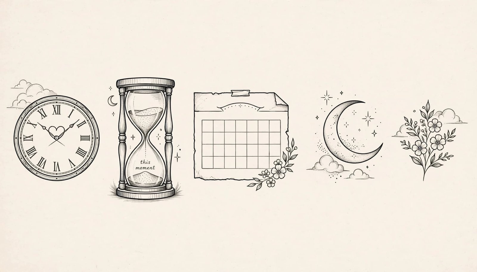 Five delicate time-themed tattoo designs arranged on warm off-white paper.