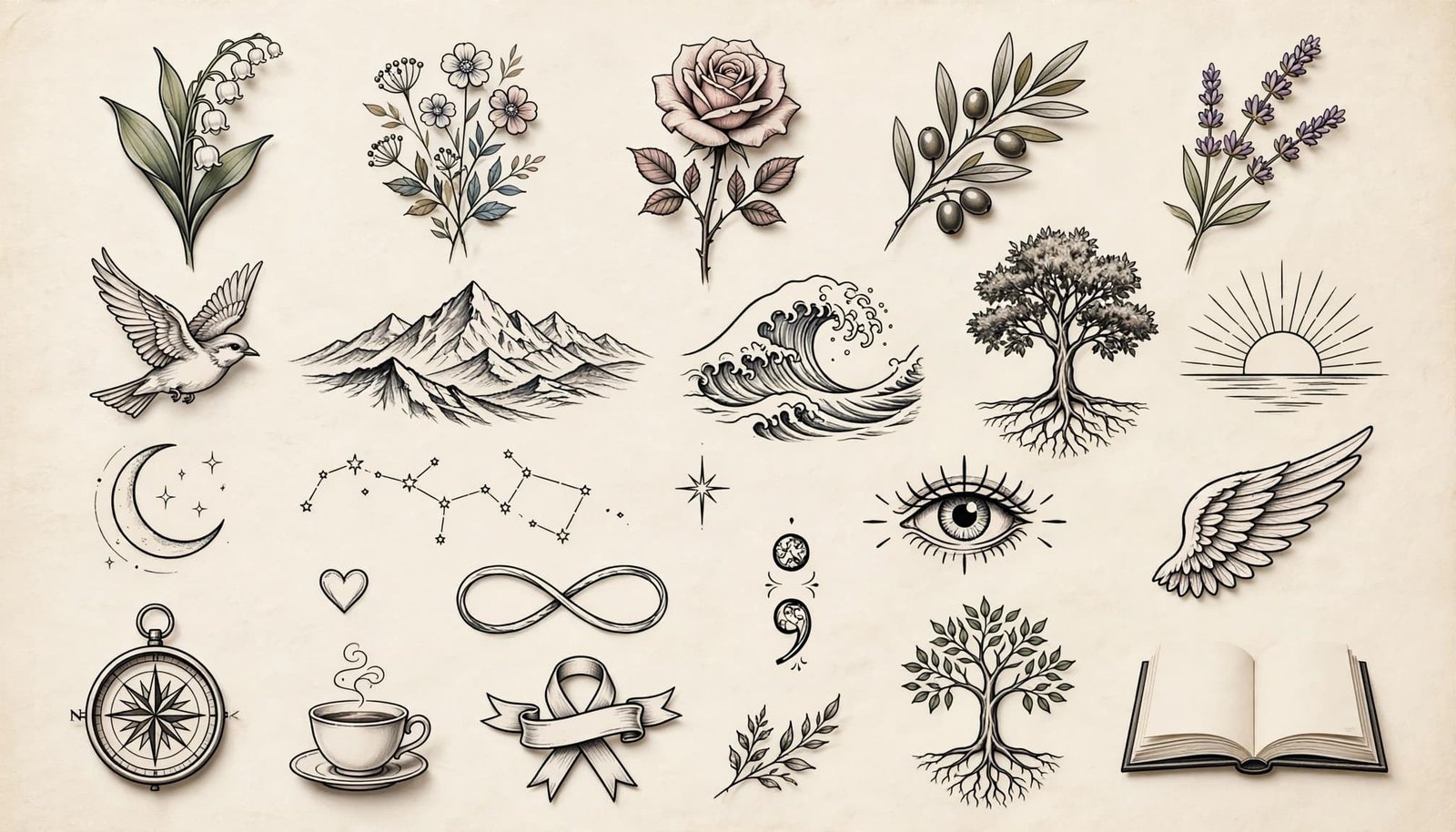 Tattoo flash concepts with flowers, nature symbols, celestial motifs, and meaningful keepsakes on ivory paper.