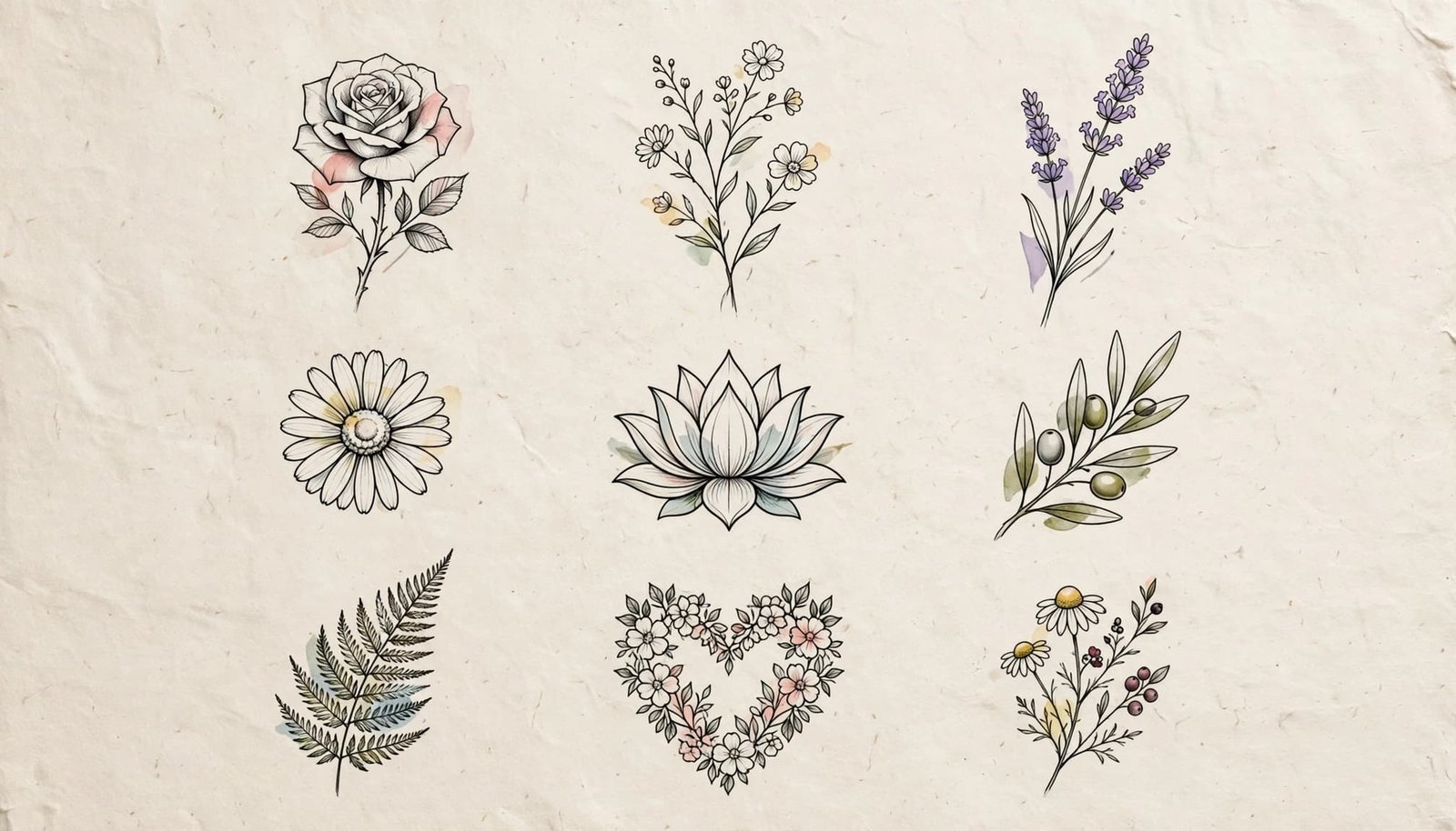 Nine floral tattoo designs arranged on warm off-white paper.