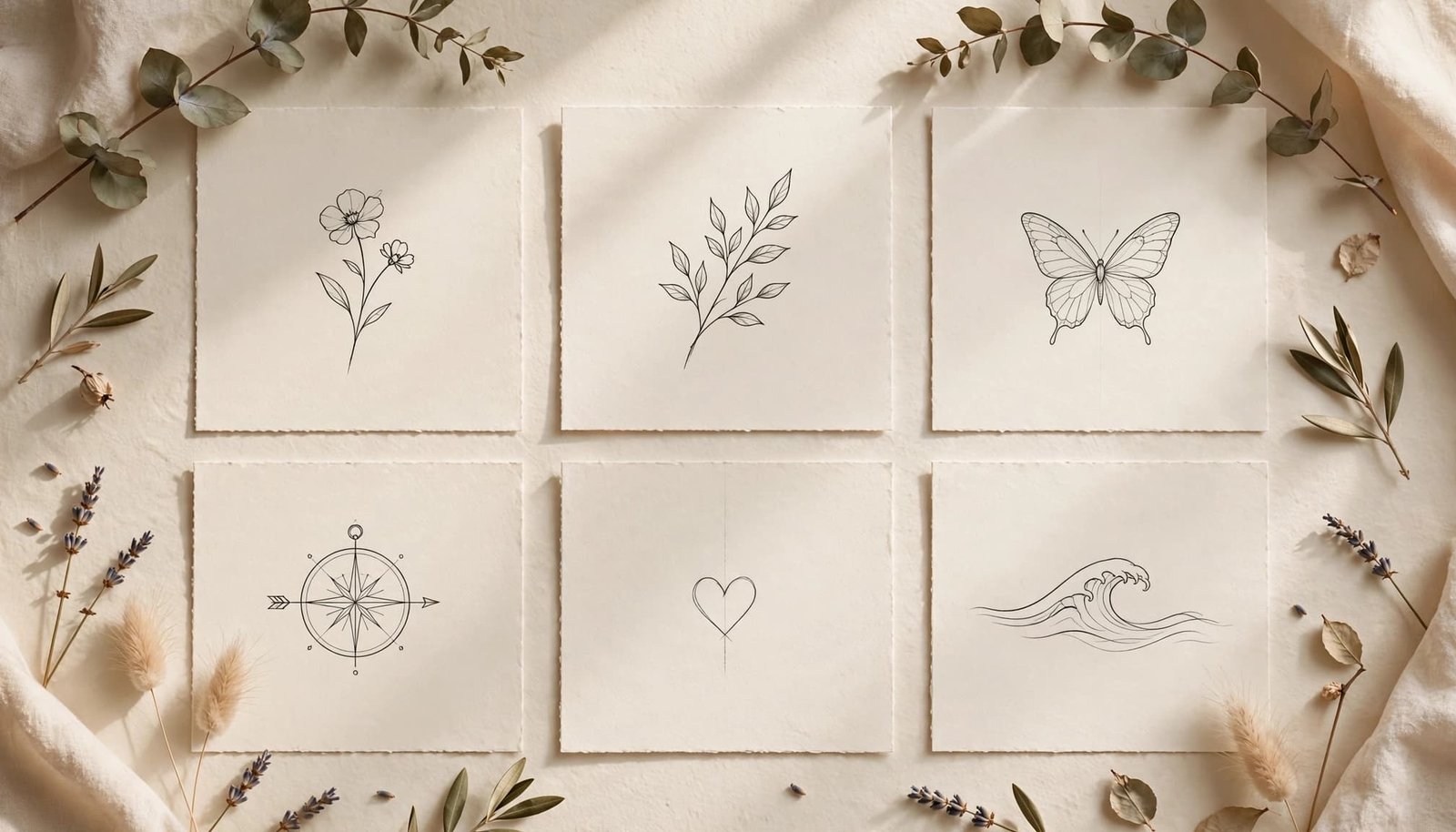 Tiny flower, leaf, butterfly, wave, heart, and compass tattoo sketches on cream paper.