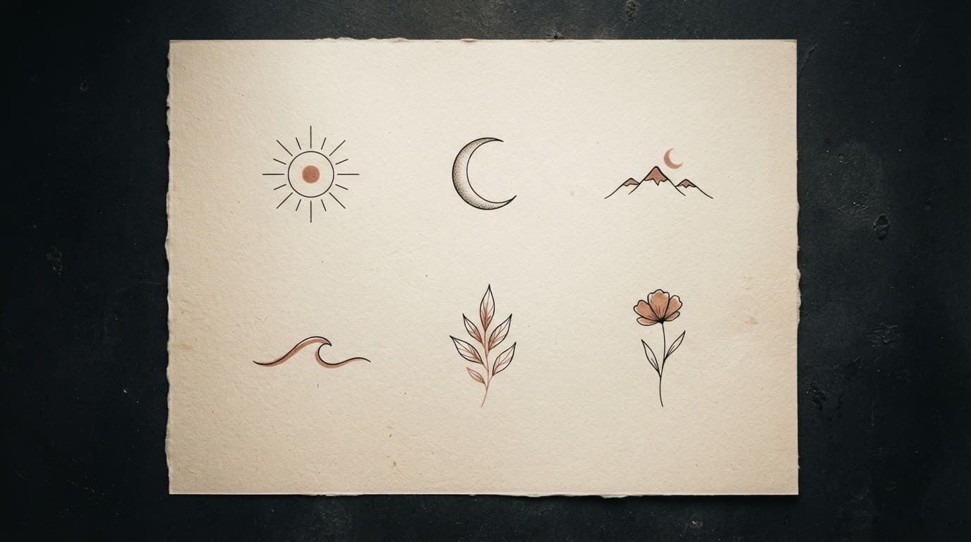 Six small nature tattoo sketches on cream paper with black lines and terracotta accents.