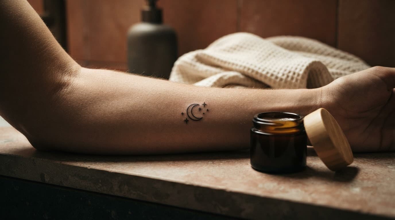 A tiny forearm tattoo beside aftercare balm and a folded towel.