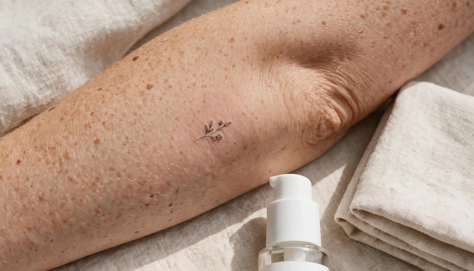 A tiny healed forearm tattoo beside moisturizer and a folded cloth.