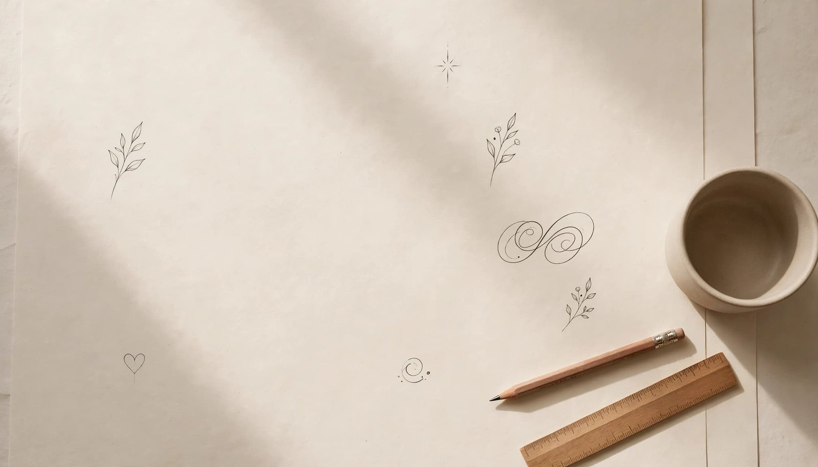 Tiny tattoo sketches on cream paper beside a pencil, ruler, and ceramic cup.