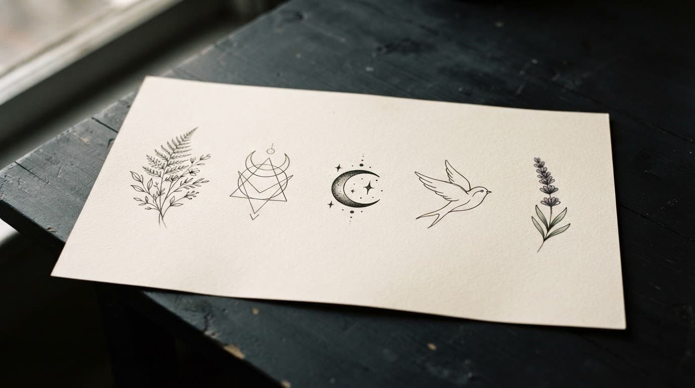 Five tiny tattoo style sketches arranged on cream paper over a dark tabletop.
