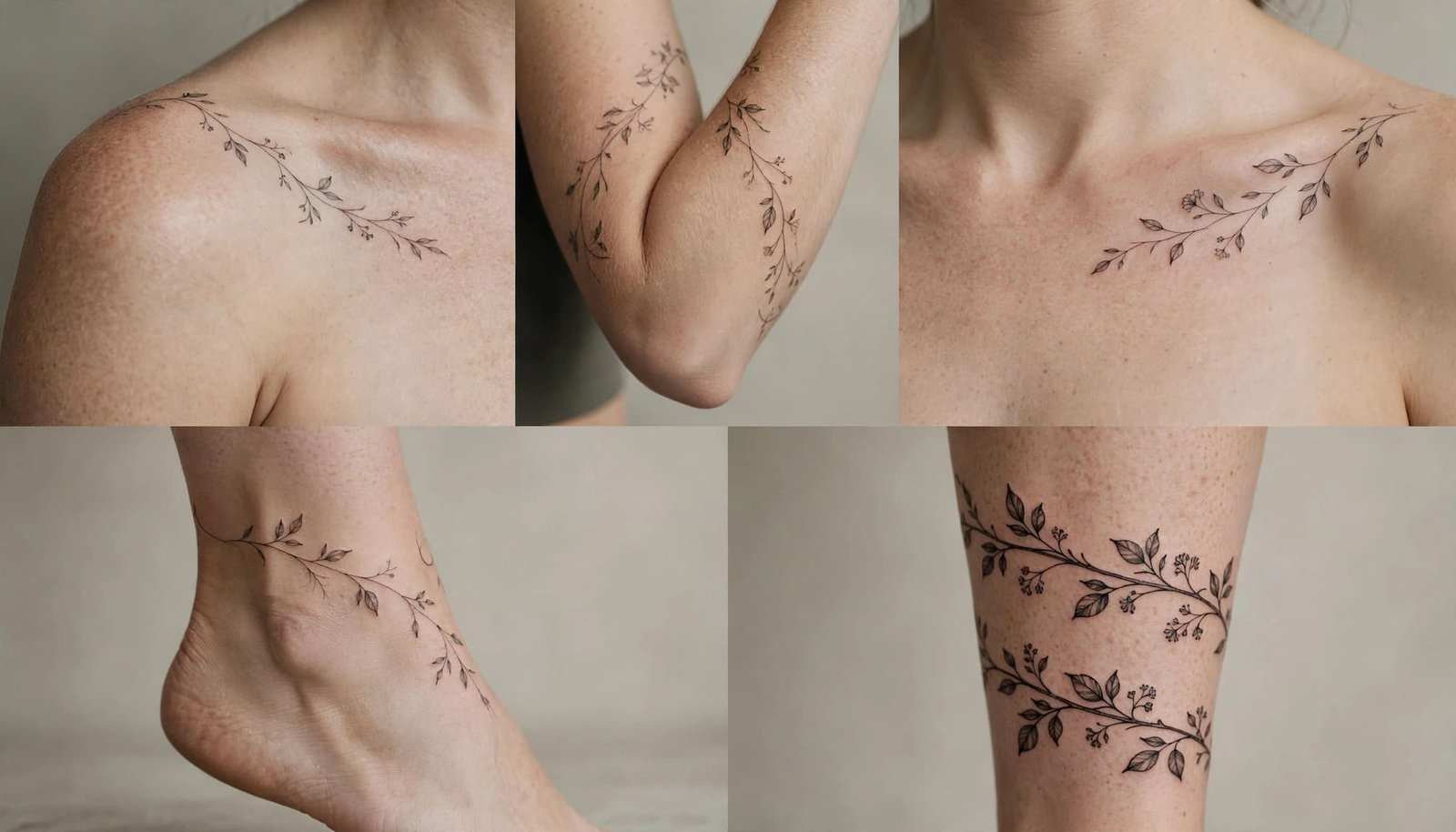 Cropped body studies show vine tattoos on a woman's arm, shoulder, collarbone, ankle, and calf.