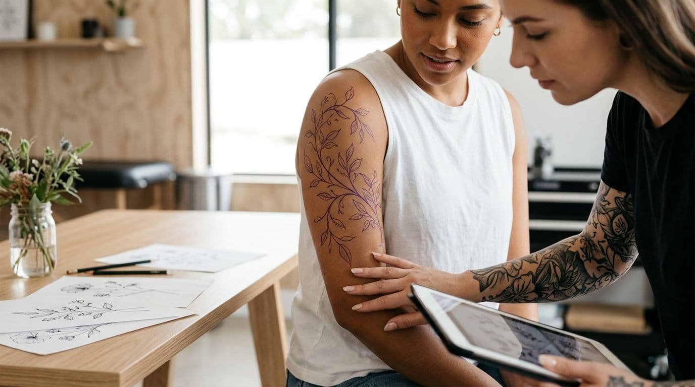Artist and client review a vine tattoo stencil on an upper arm.