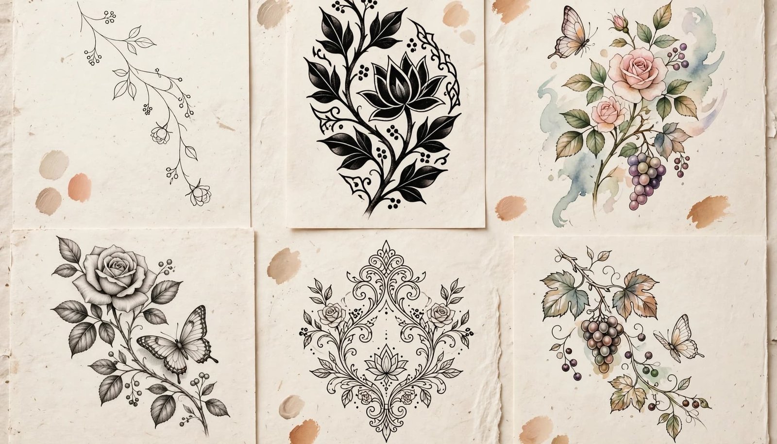 Six vine tattoo sketches show flowers, leaves, butterflies, grapes, and berries in varied styles.
