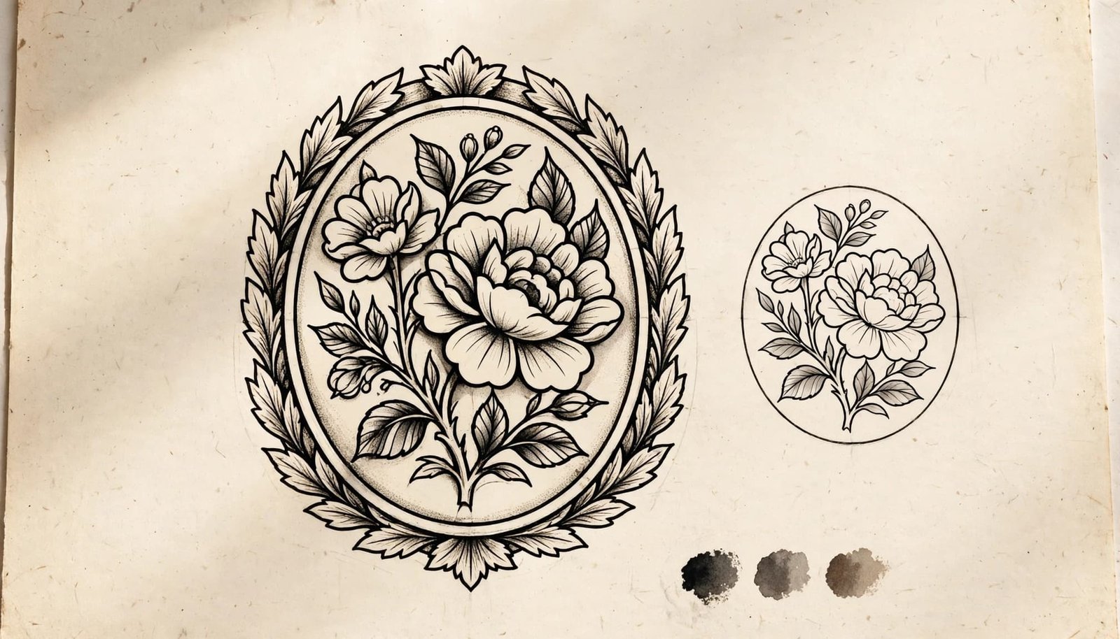 Botanical tattoo sketch with bold lines, open spacing, and soft gray shading on cream paper.
