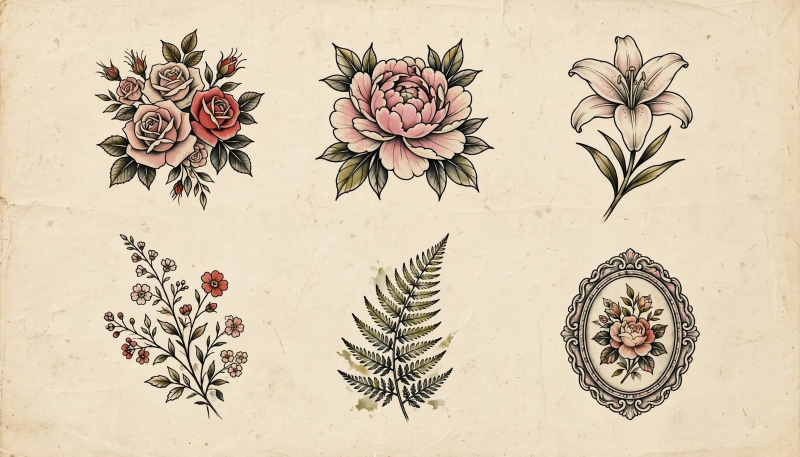 Vintage floral tattoo motifs arranged on cream paper with muted red, pink, green, and black accents.