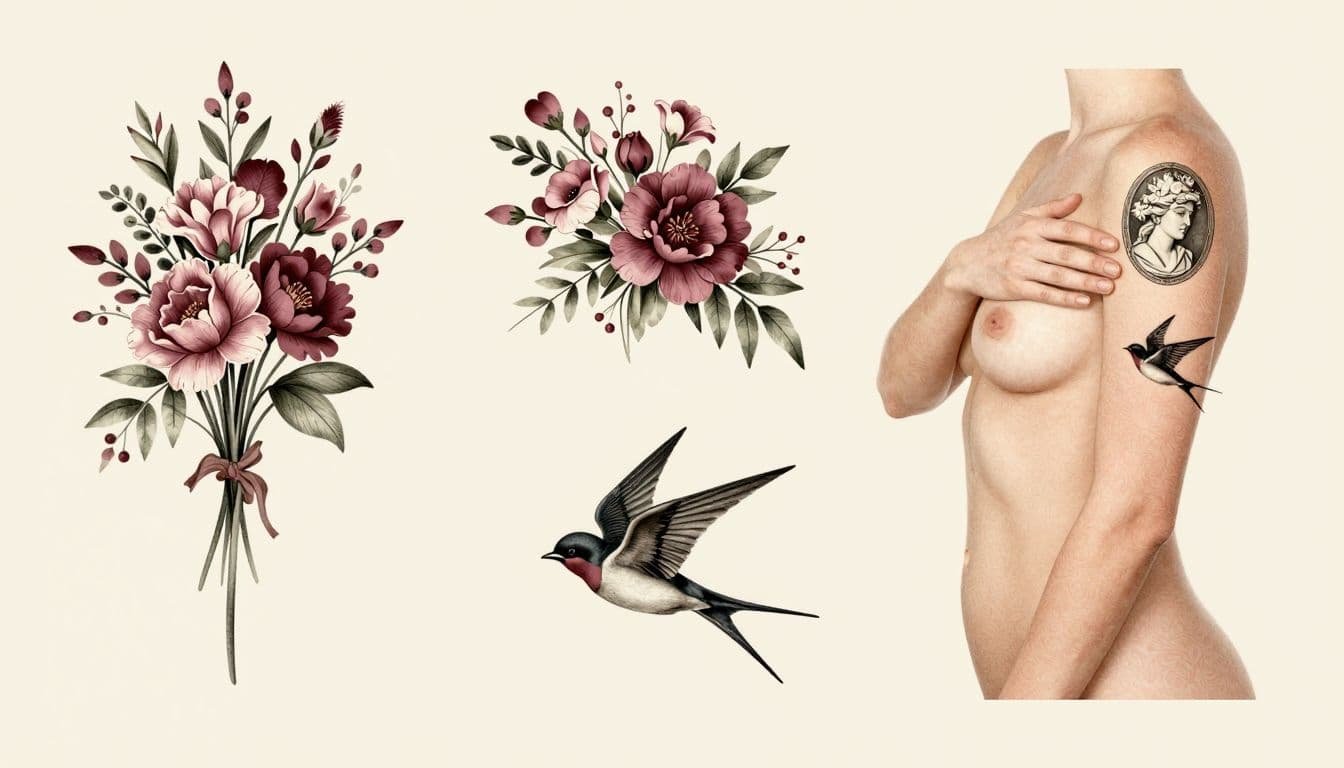 Faceless figure showing a floral shoulder tattoo, swallow forearm tattoo, and cameo upper-arm tattoo.