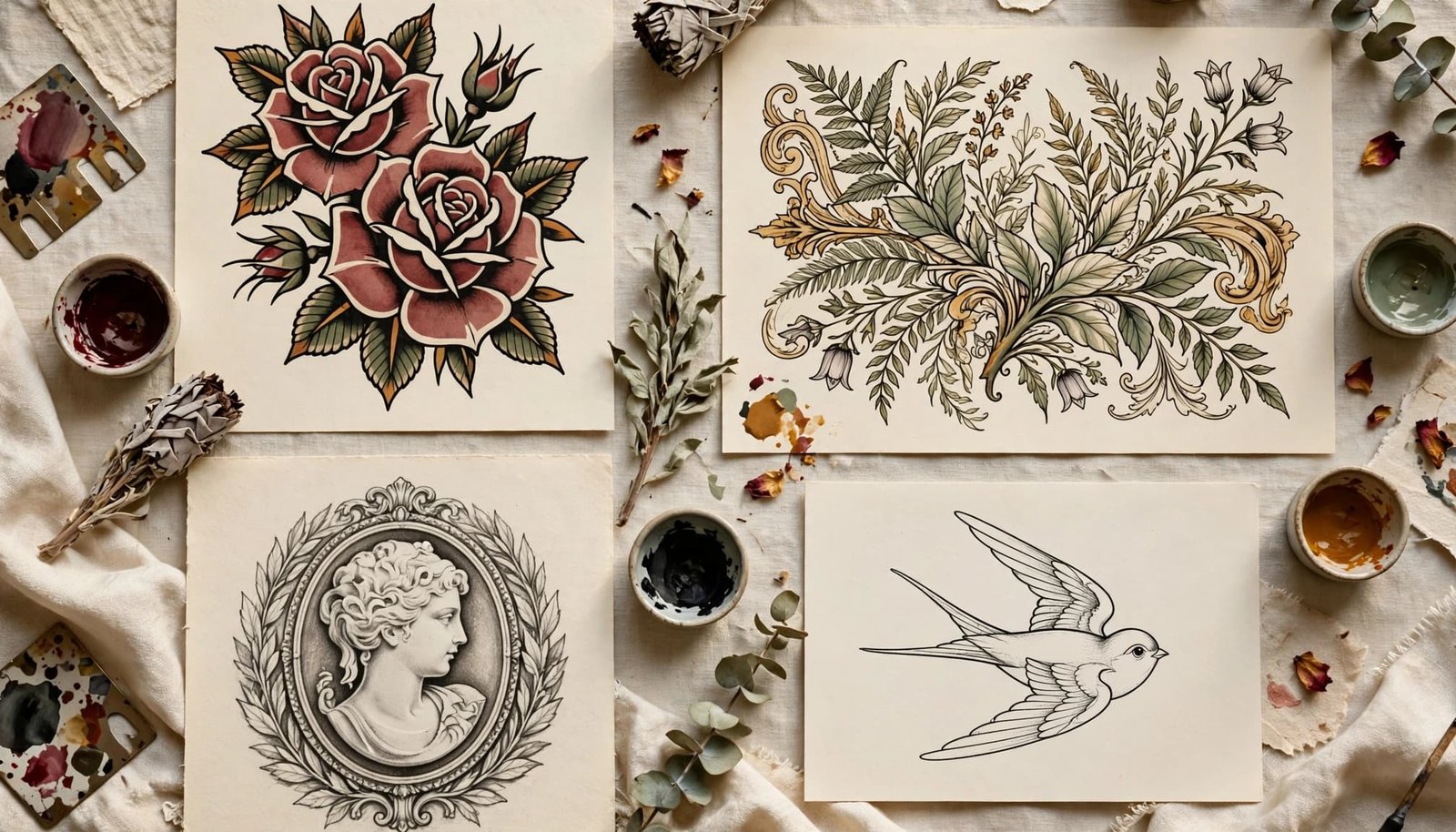 Four vintage tattoo sketches rest on cream paper beside muted ink swatches.