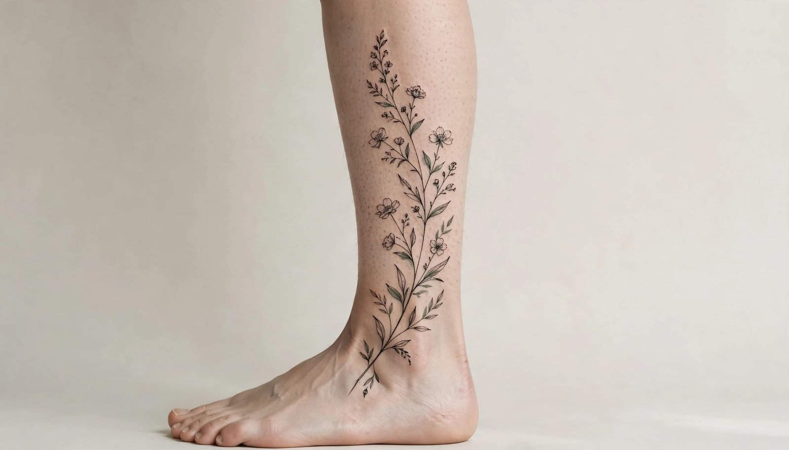 Wildflower stem tattoo following the calf and ankle on a neutral leg silhouette.