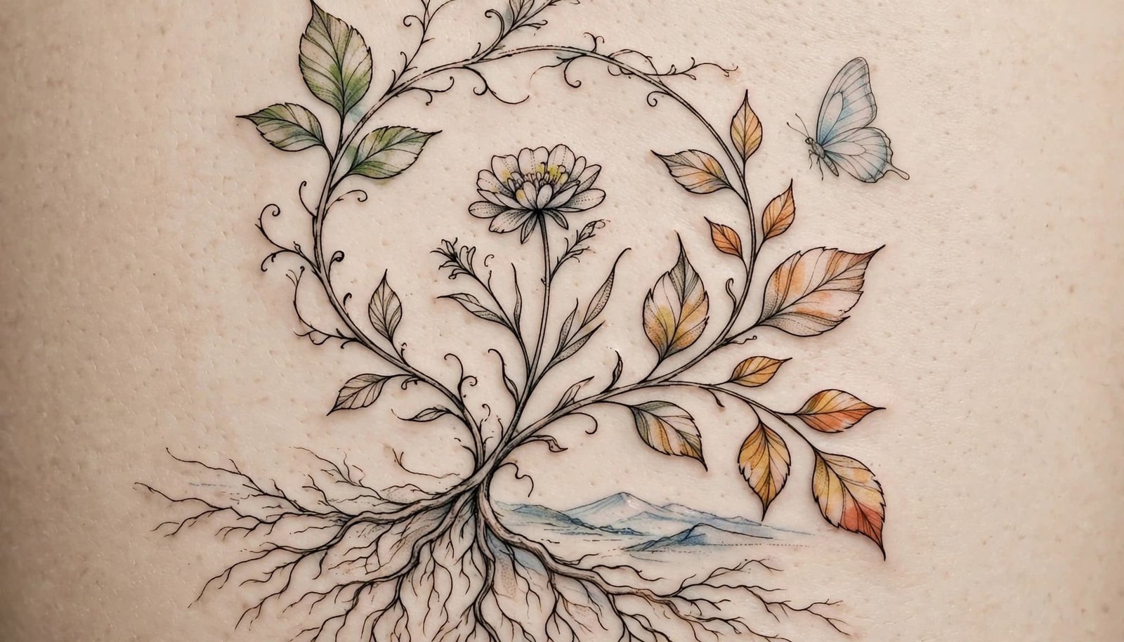 Botanical tattoo with a wildflower, roots, vine, butterfly, and landscape backdrop.