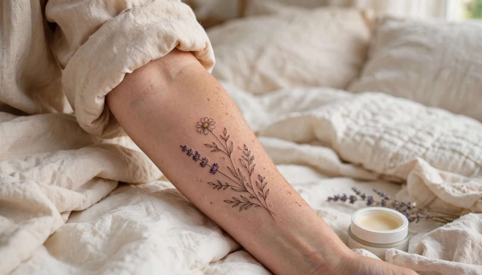 Fine-line flower tattoo on a forearm beside clean bedding and moisturizer.