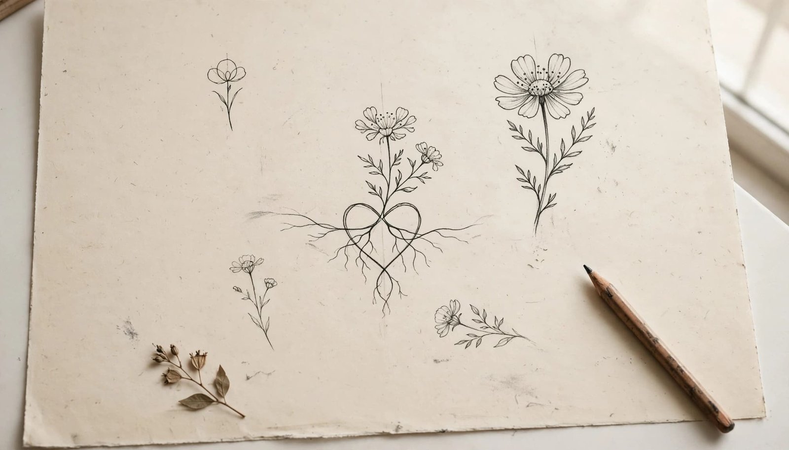 Fine-line wildflower tattoo sketches rest on cream paper beside a pencil and botanical reference.