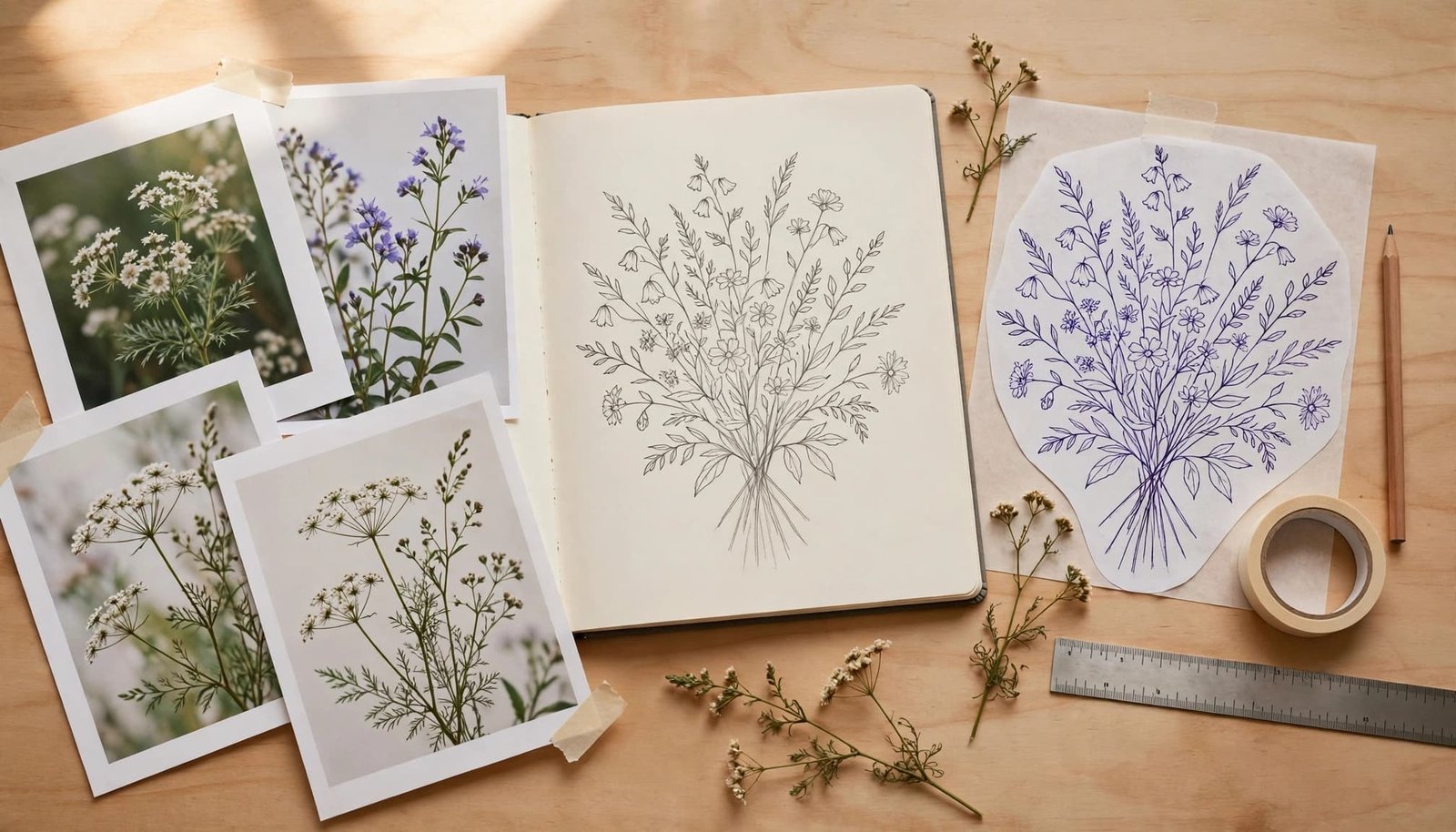 Tattoo planning materials arranged on a wooden table with flower references and a sketchbook.