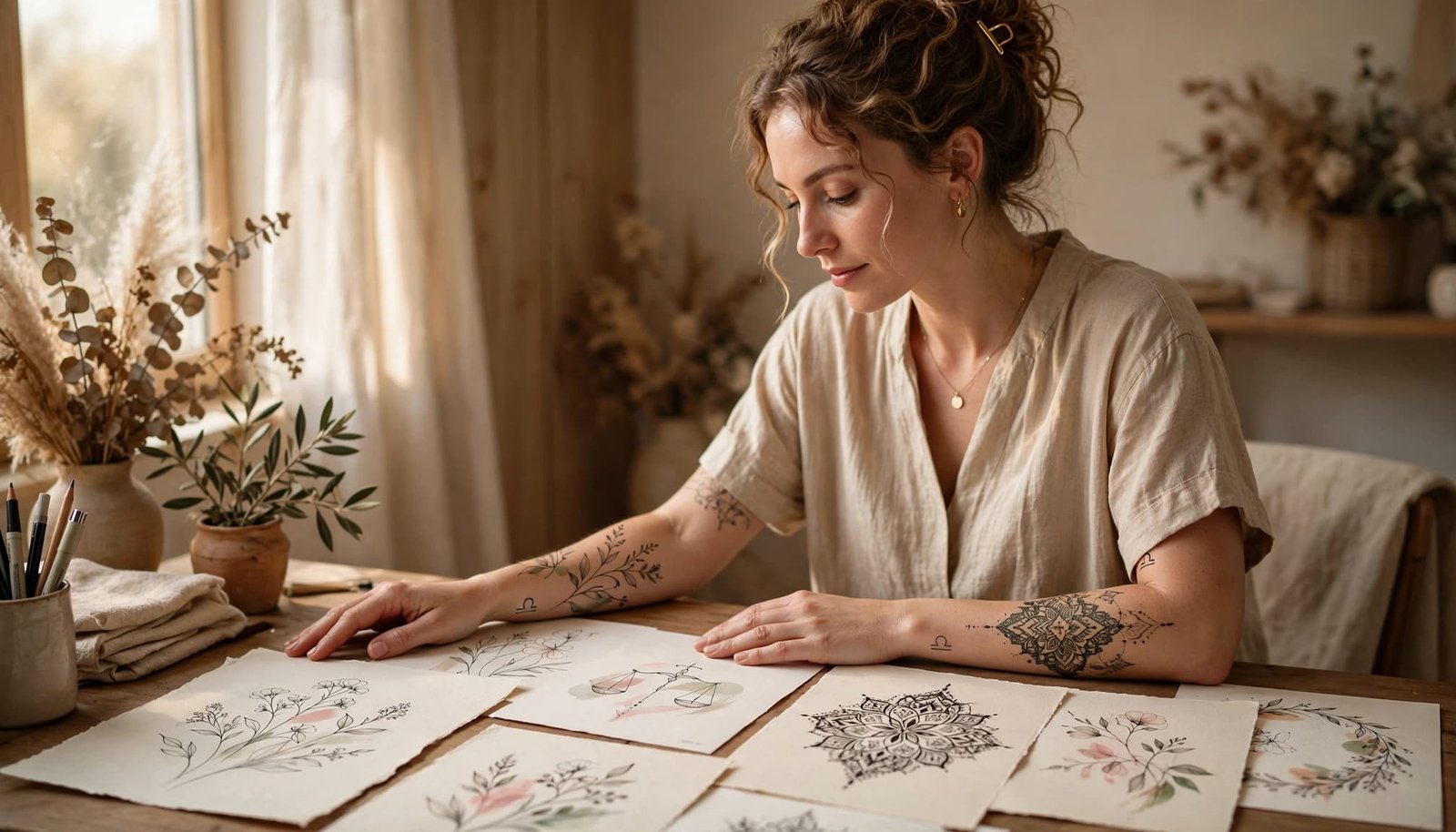 Tattooed woman reviewing floral, zodiac, and ornamental tattoo sketches on a studio table.