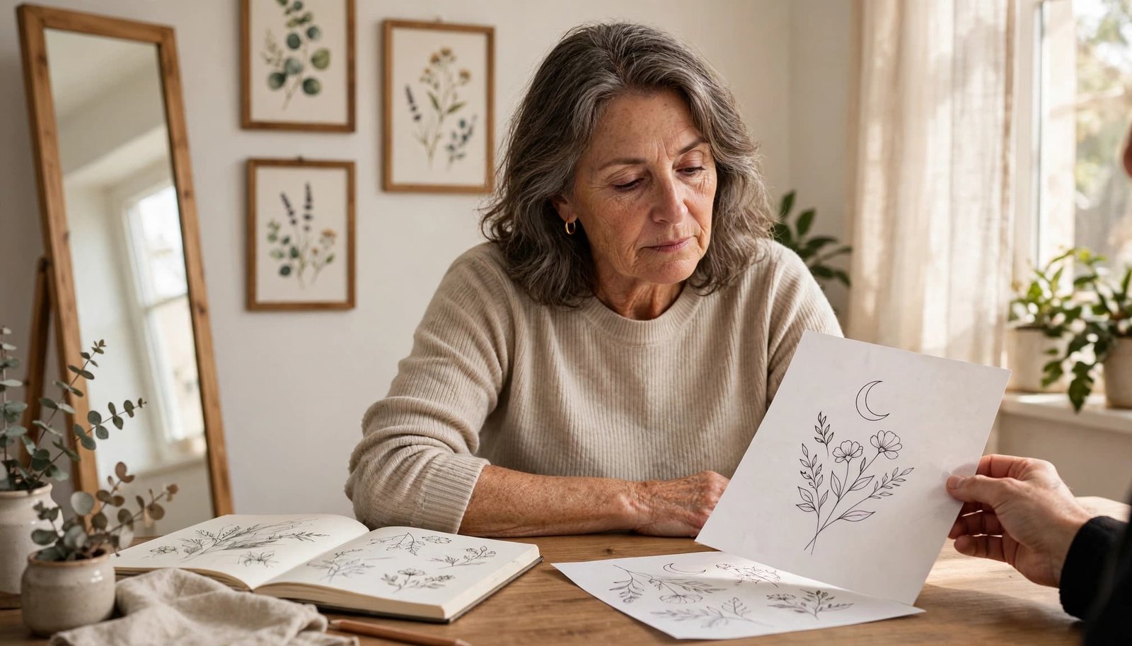 A mature woman reviews a floral and crescent-moon tattoo stencil in a bright studio.