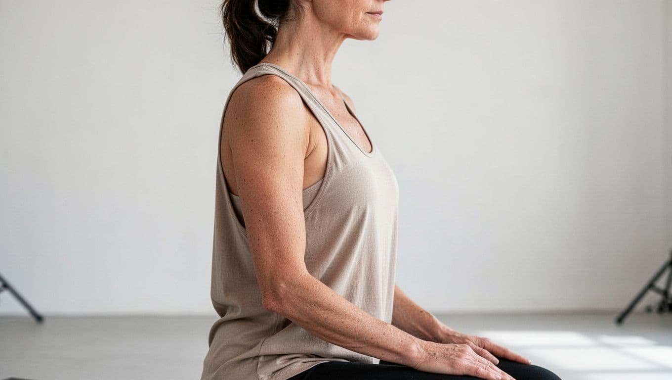 Woman in a loose tank top shown in side profile with her rib area visible.