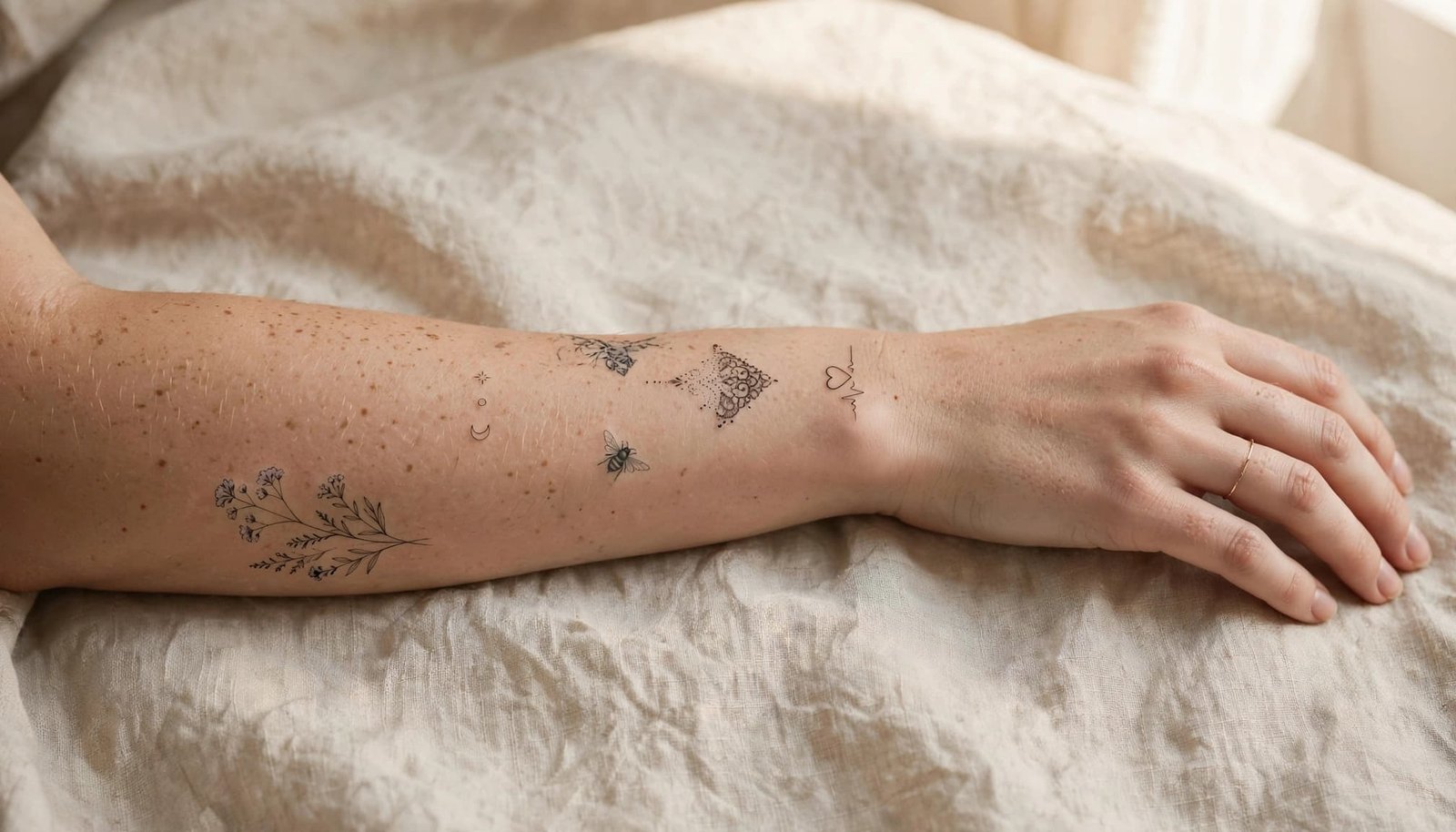 A woman's forearm showing delicate botanical, animal, ornamental, and symbolic tattoos.