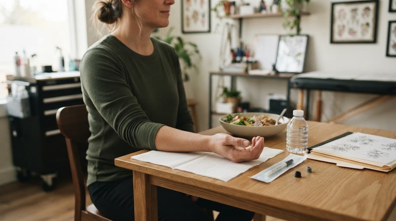 A seated client rests one wrist beside water and tattoo references in a tidy studio.