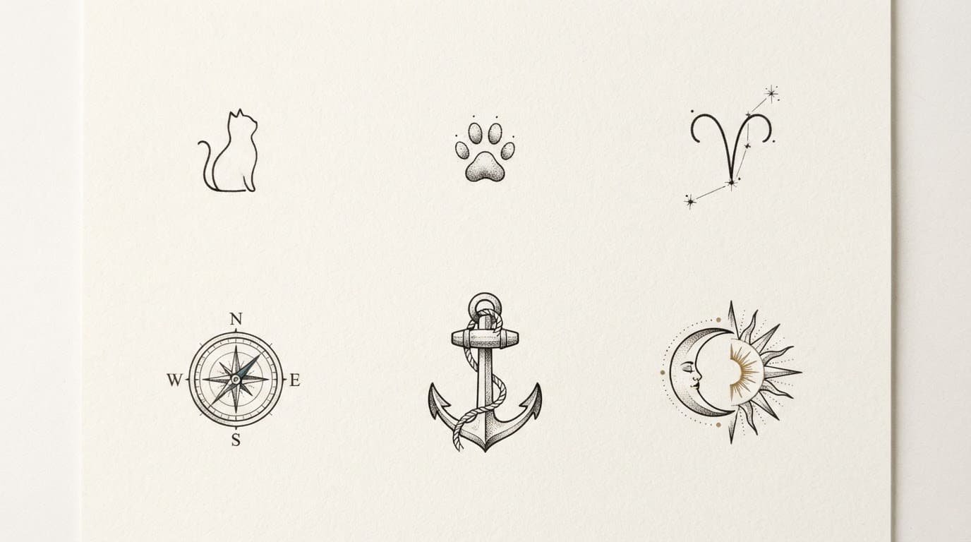 Six small wrist tattoo designs on warm-white paper, including a cat, compass, anchor, and celestial symbols.
