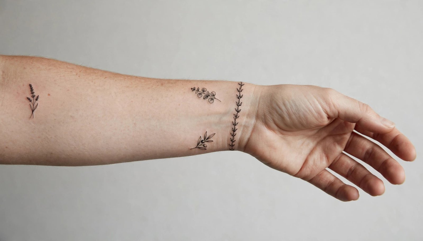 Forearm showing botanical tattoos in several wrist placement options.
