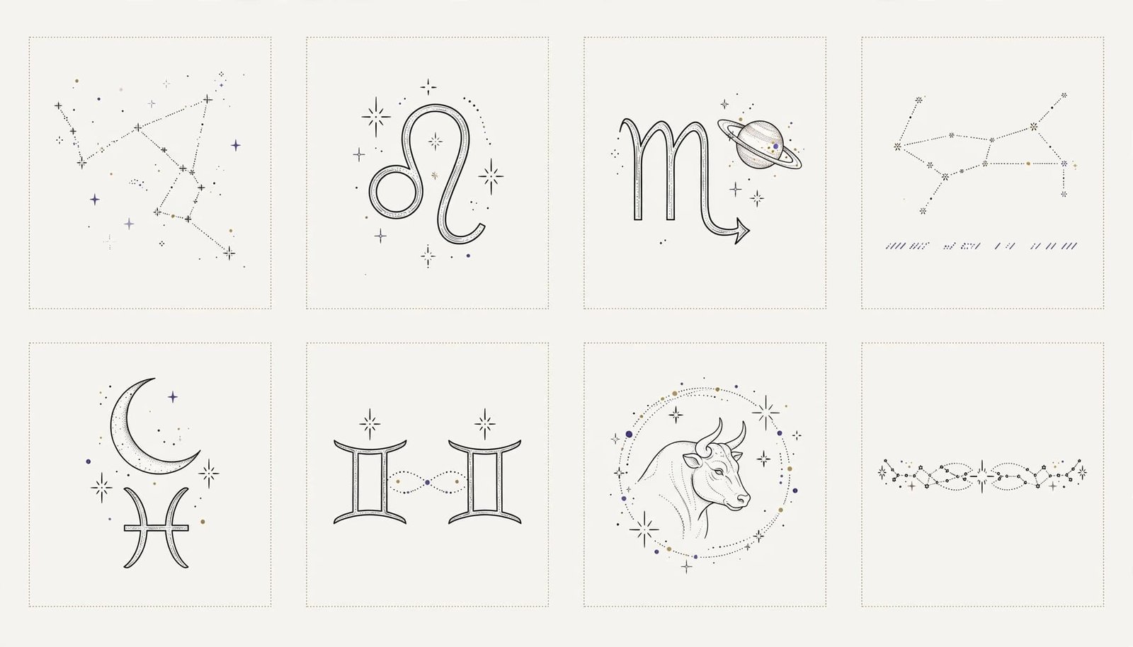 Eight fine-line zodiac tattoo ideas show constellations, moons, animals, symbols, and bands on a pale background.